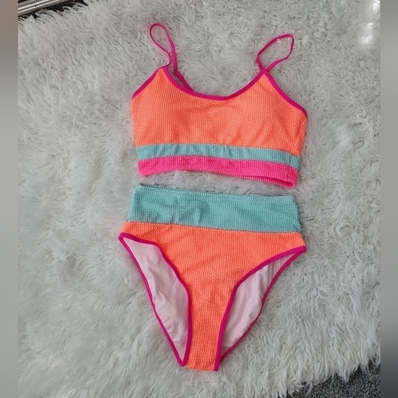 87th Street Boutique Textured Grapefruit Orange Color Block High Waisted… - Picture 3 of 7